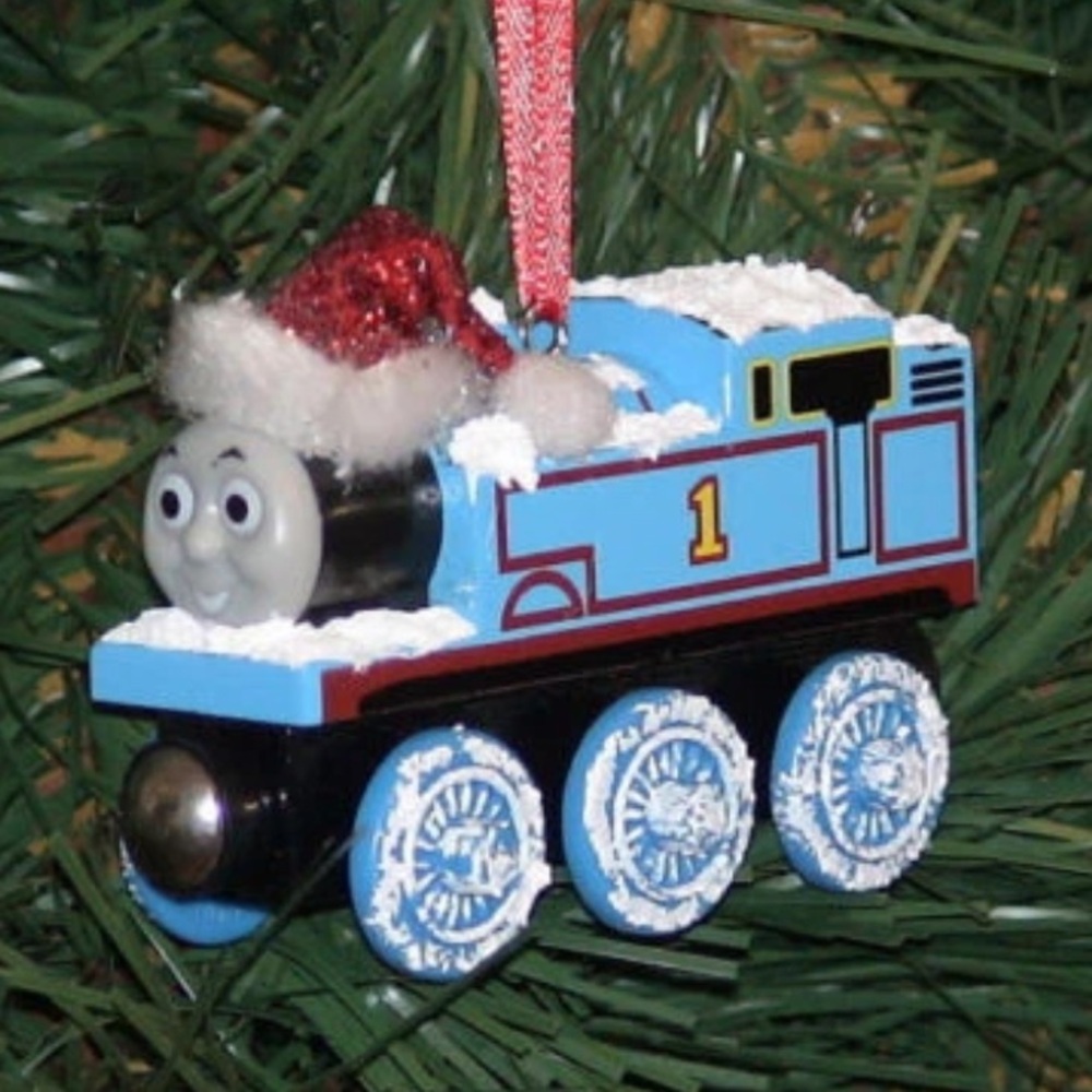 Thomas the train Christmas ornament w/Santa Hat and snow